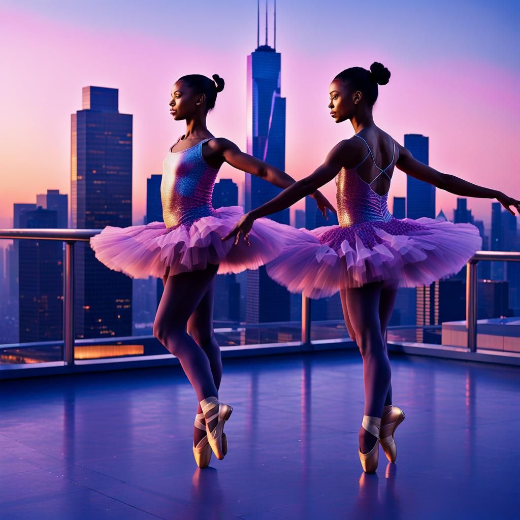 Ballet Dancers Grace Futuristic Cityscape at Sunset