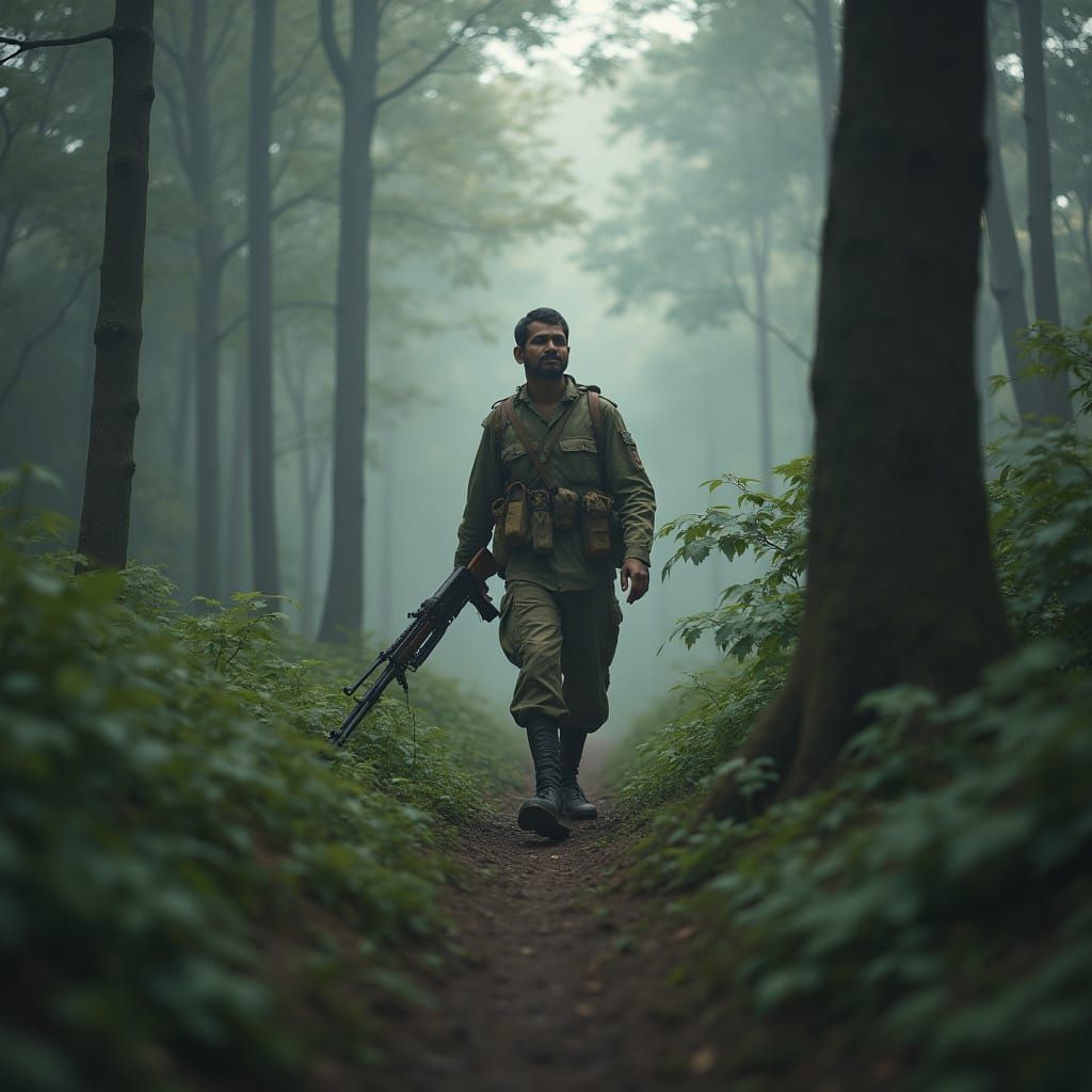 Indian Soldier's Forest Walk: Detailed Matte Painting