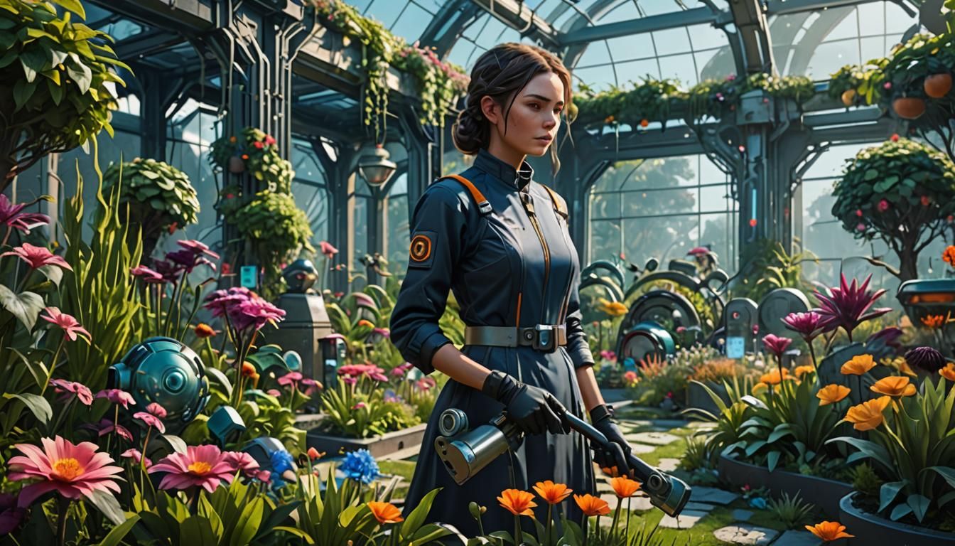 Futuristic Woman Tending Hypermodern Garden