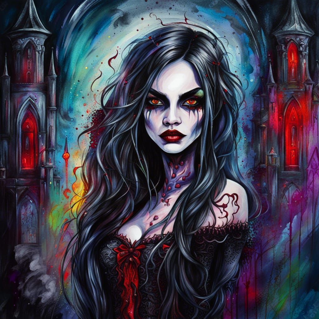 Detailed Vampire Portrait with Gothic Castle, Graffiti Art