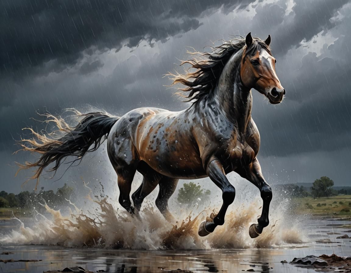 Mustang Horse Runs in Storm: Impressionist Painting