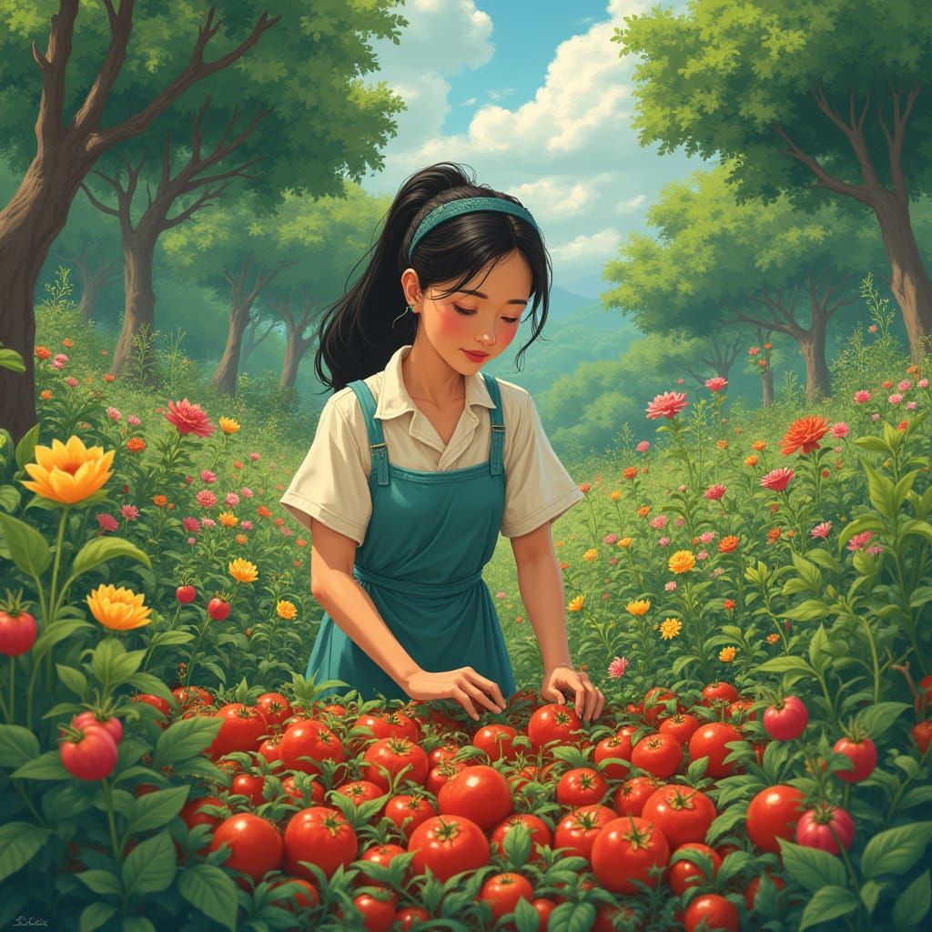 Lush Garden Scene in Miyazaki Style