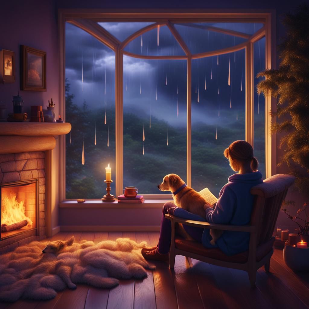 Cozy Rainy Night Reading Nook, Digital Matte Painting