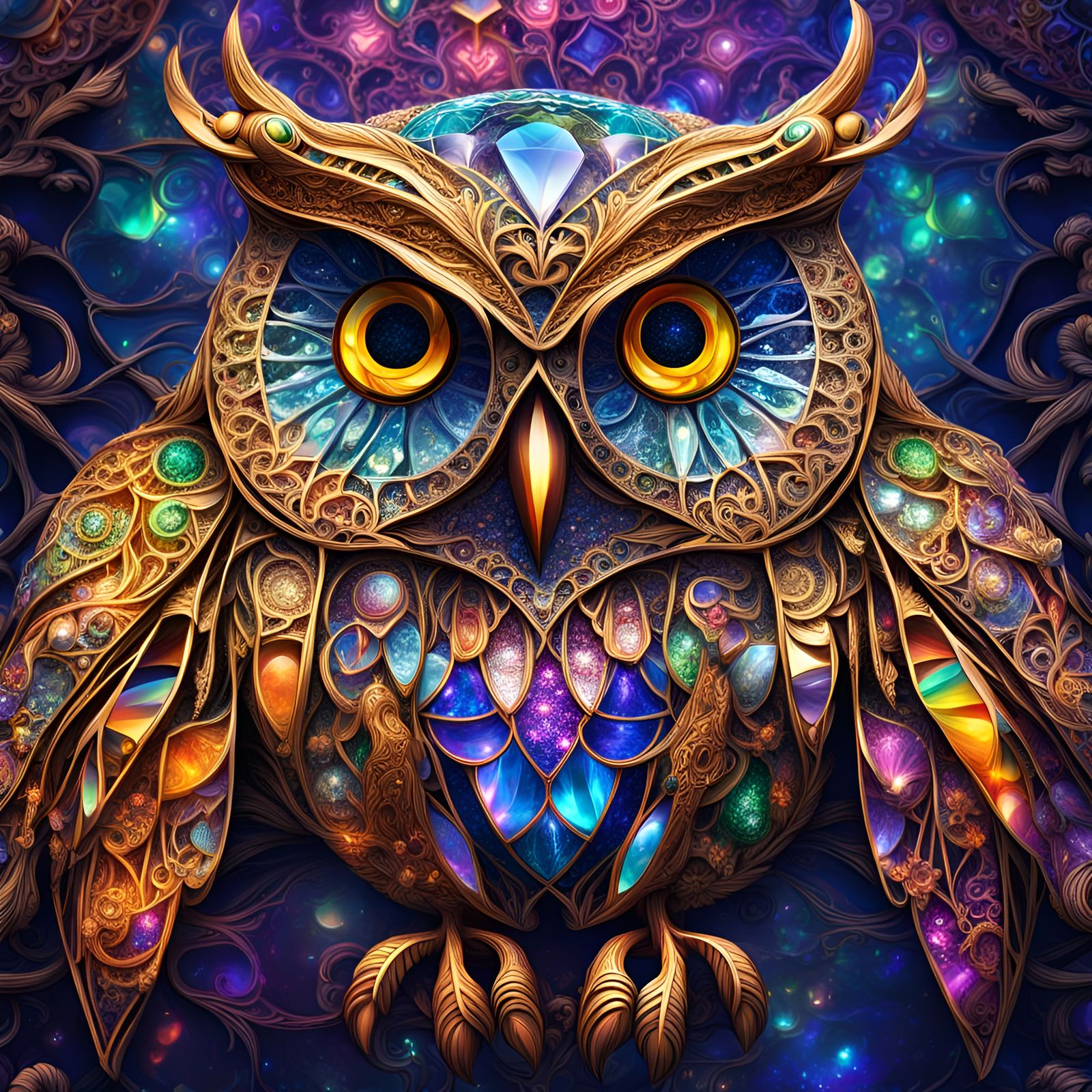 Jeweled Fractal Glass Owl in Psychedelic Hues