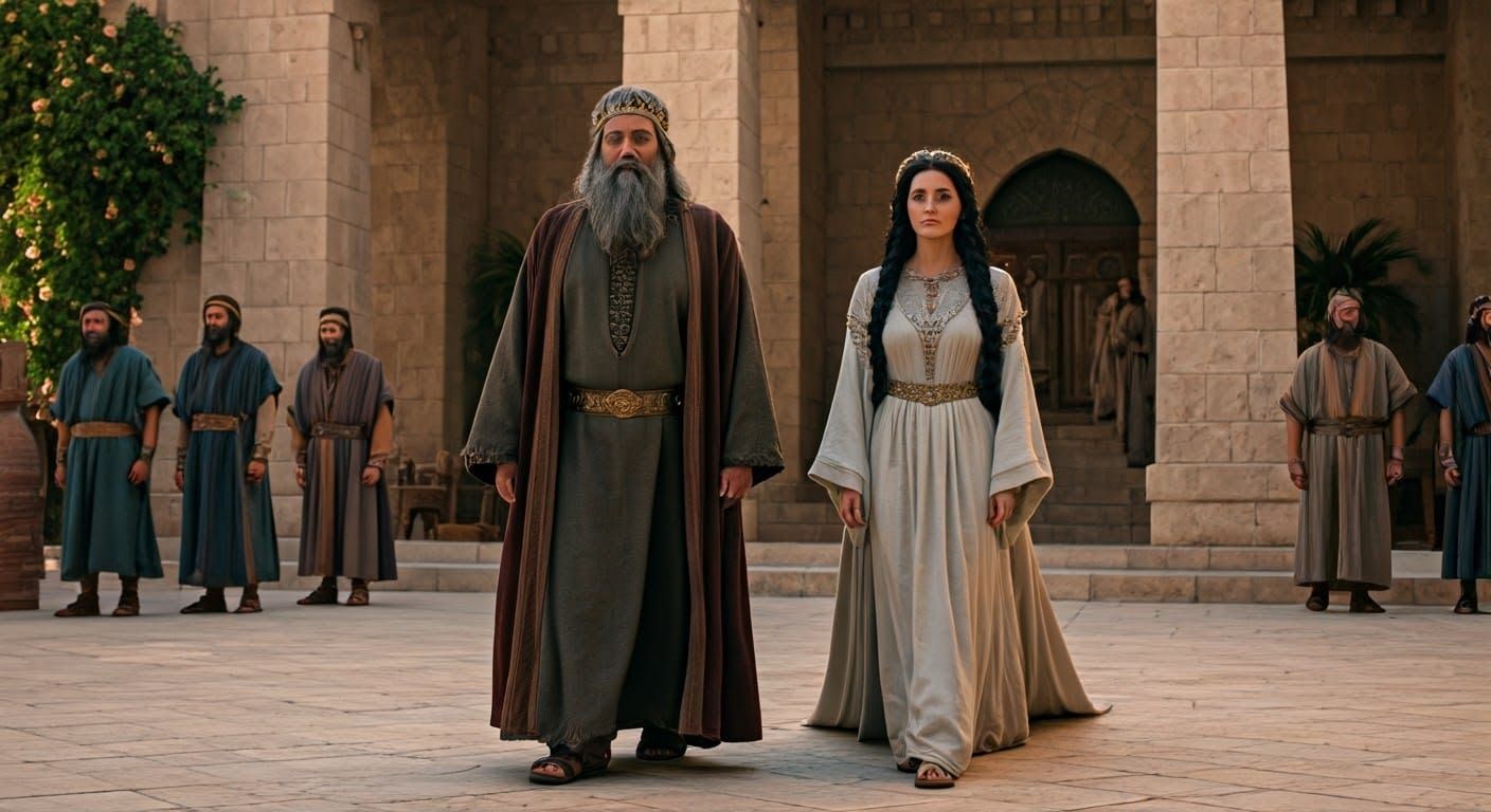 a realistic image of King Ahab and Queen Jezebel walking thr...