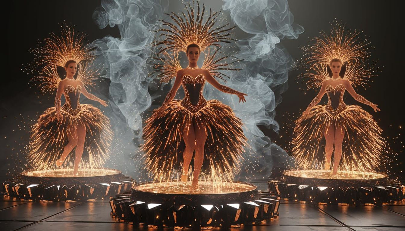 Fiery Showgirls Dance on Obsidian Platforms