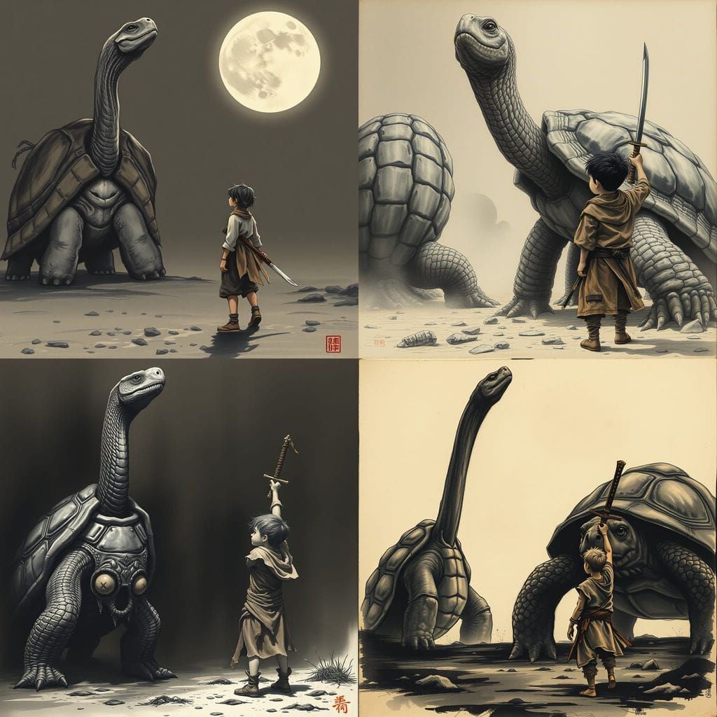 Giant Turtle Confronts Brave Warrior in Dark, Moody Japanese...
