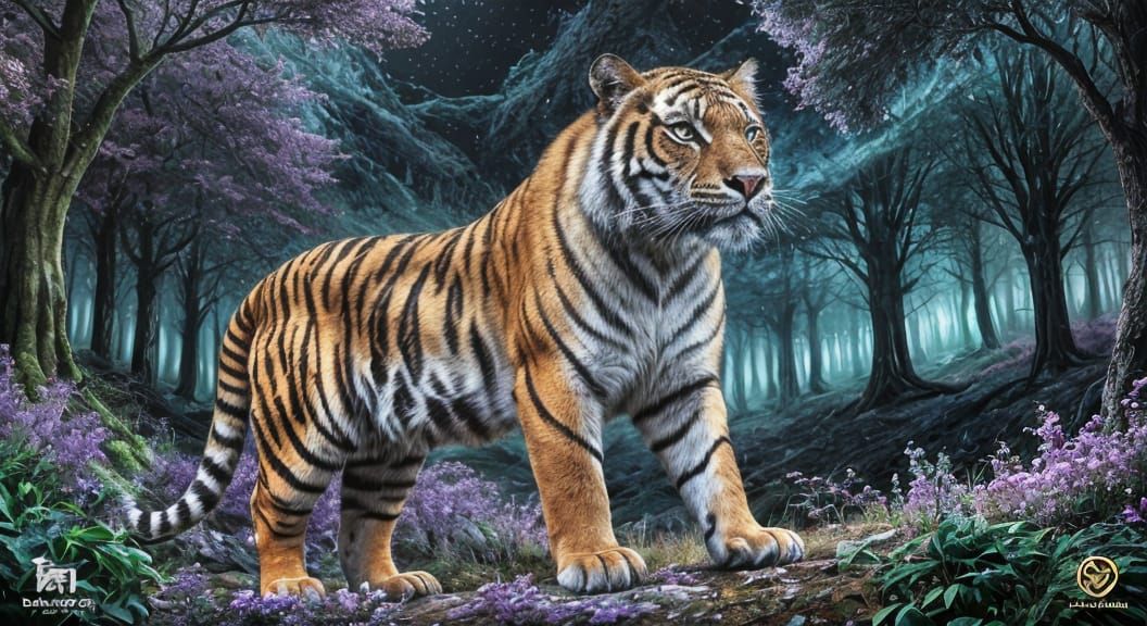 Moonlit Tiger in a Fantastical Black Forest