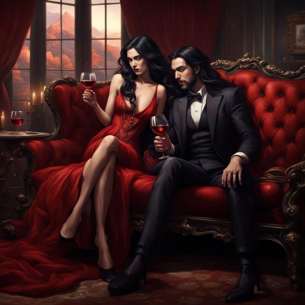 Elegant Couple with Wine, Detailed Matte Painting