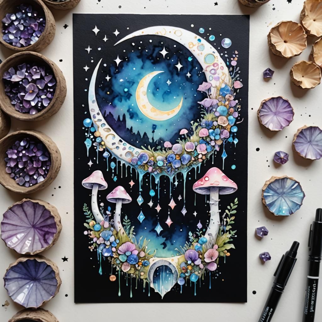 Pastel Goth Crescent Moon with Crystals in Watercolour