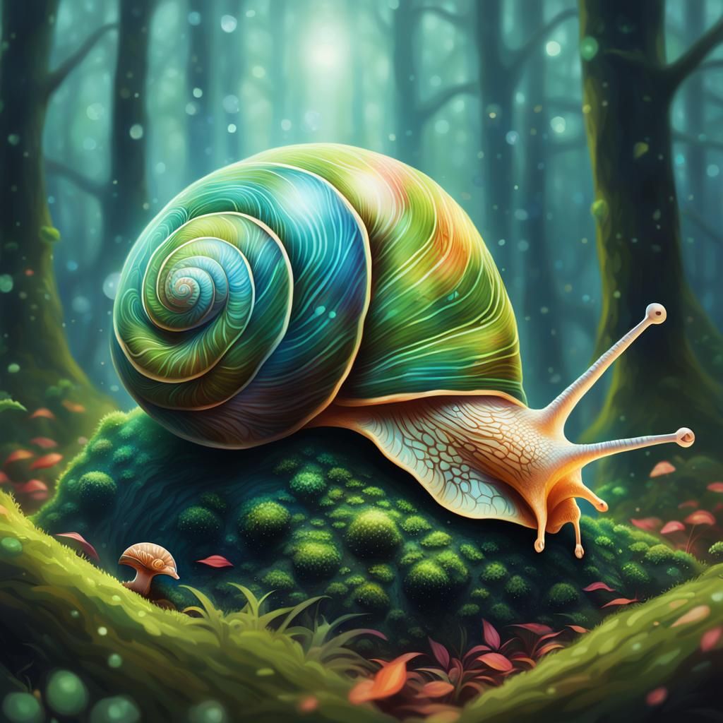 Luminous Snail Ascends in Misty Forest