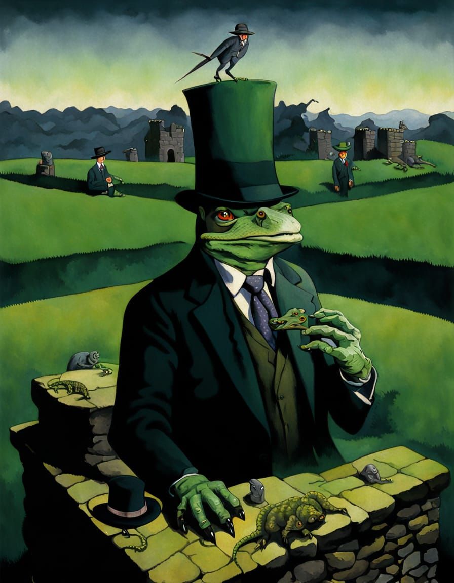 Green Man and Lizards in Chimney, Surreal Art