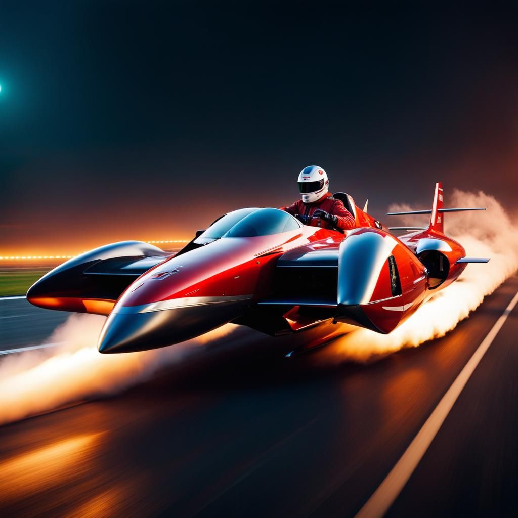 Michael Schumacher driving flying jet car, flying like jet fighter plane, big jet engine behind the pilot, jet racing, H...