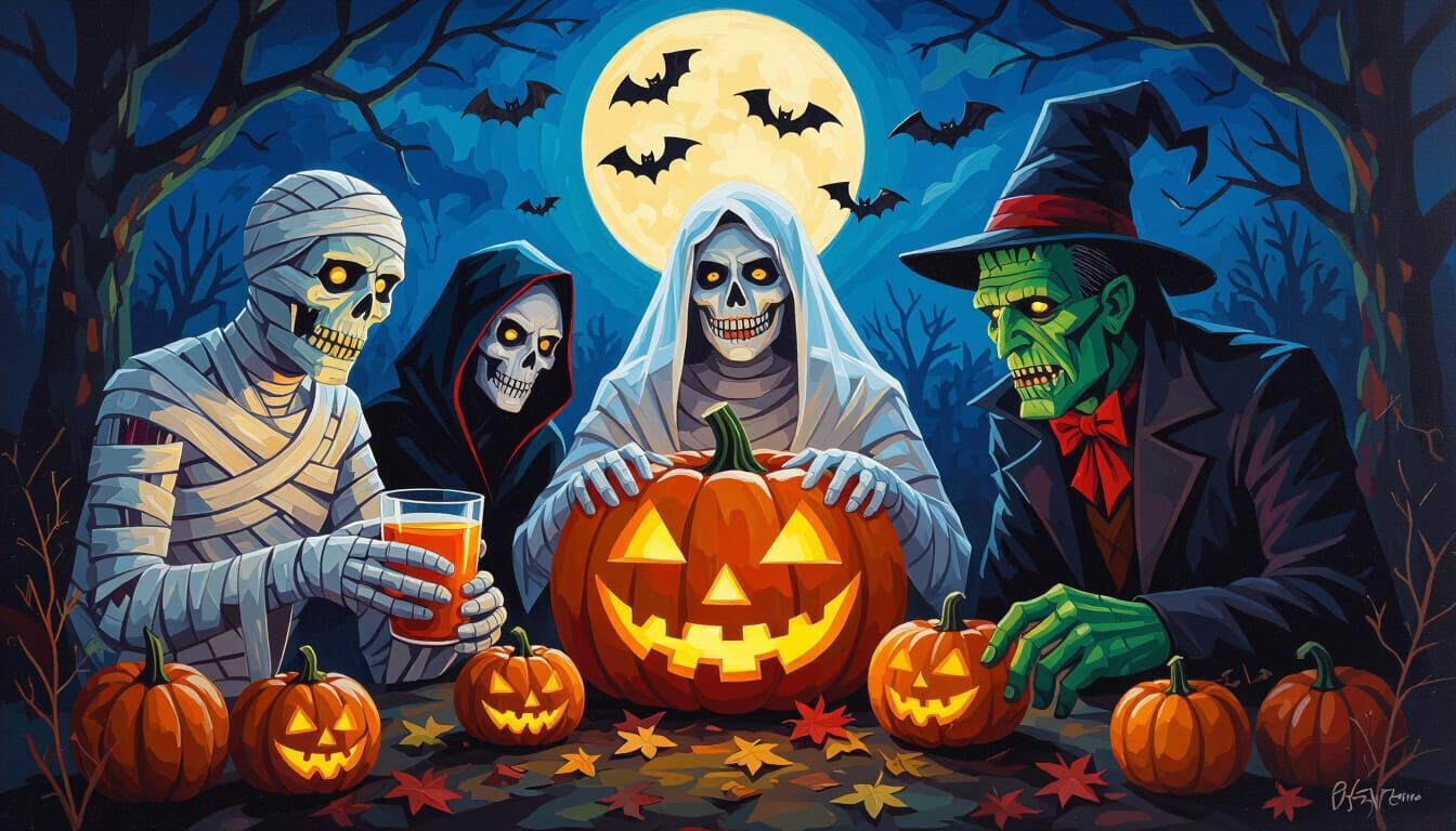 Monstrous Harvest Festival Scene with Classic Monsters