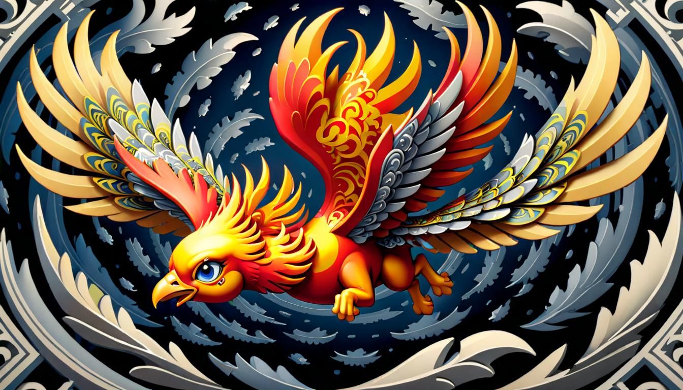 Chibi Phoenix Soaring in Escher Style