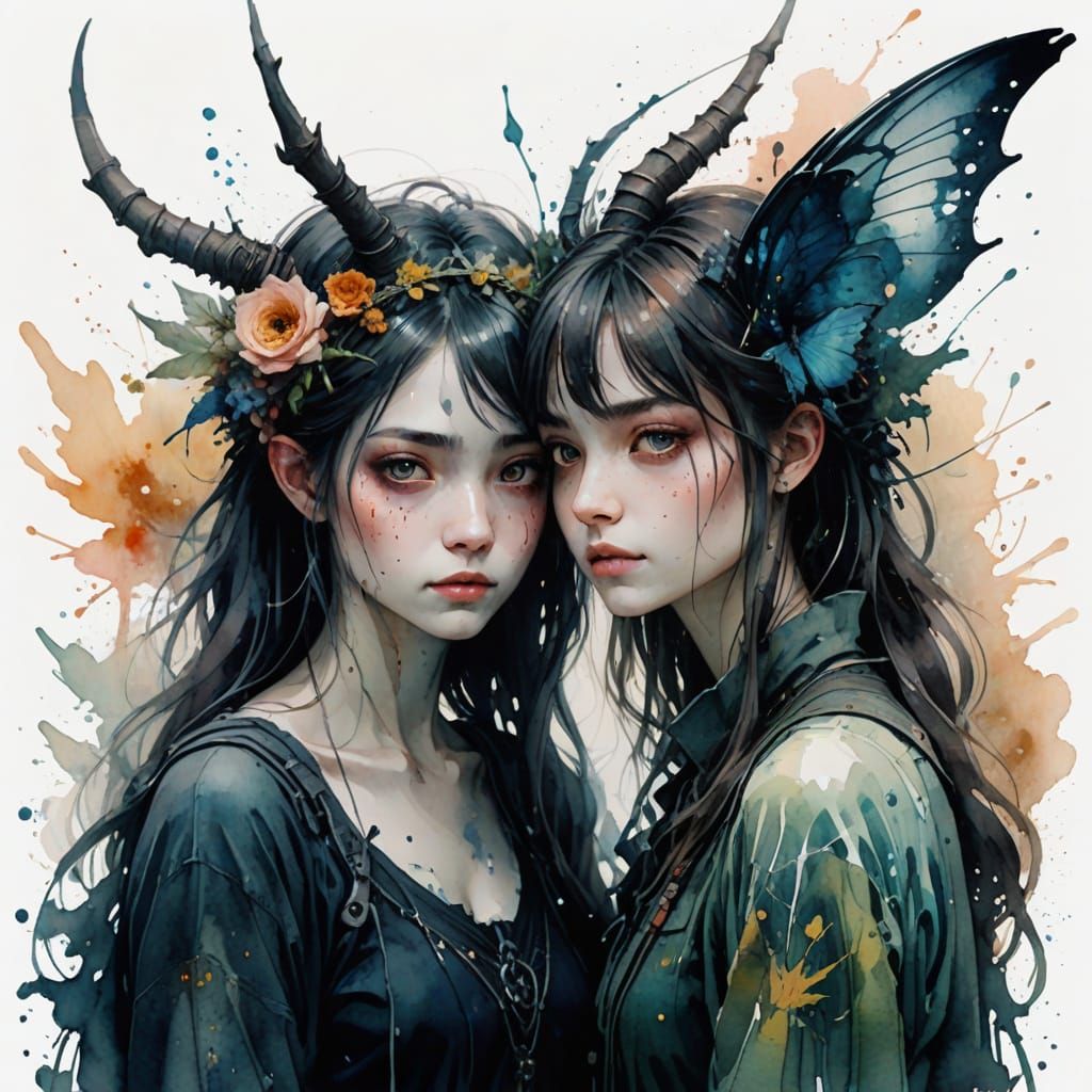 Dark Fantasy Art: Demon and Companion in Watercolor Style