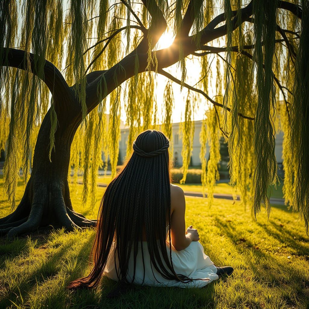 Woman Under Majestic Weeping Willow Tree in Hyper-Realistic...