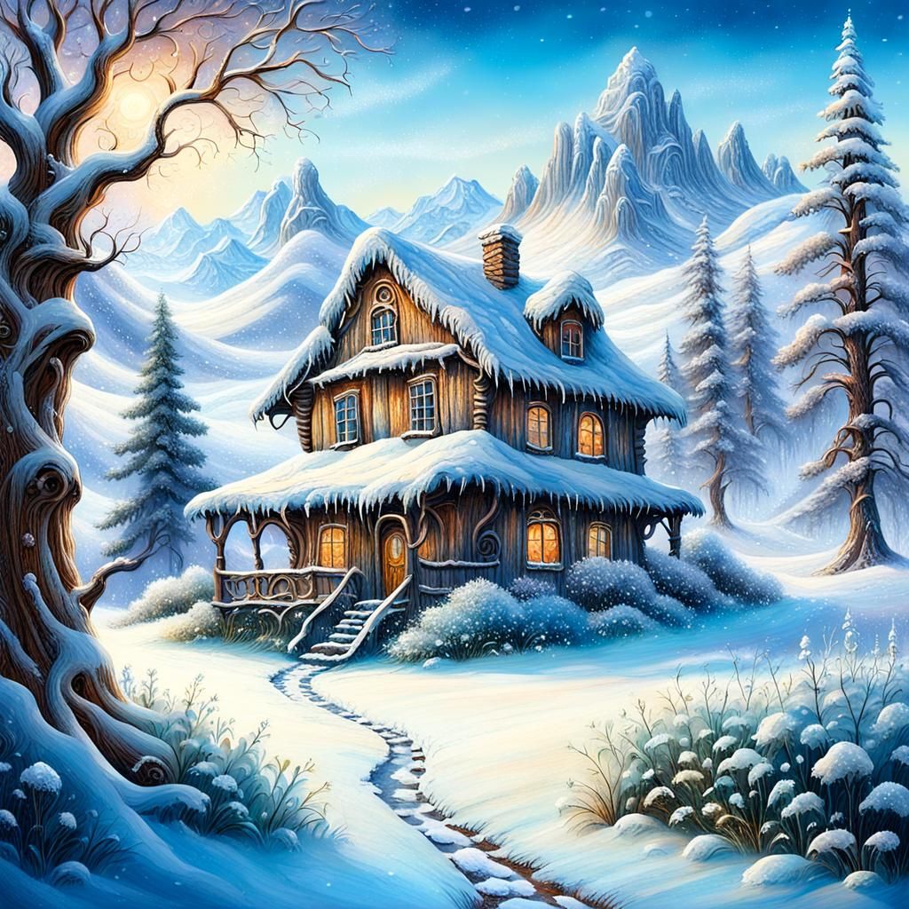 Enchanting Snowy Glade with Old Wooden House
