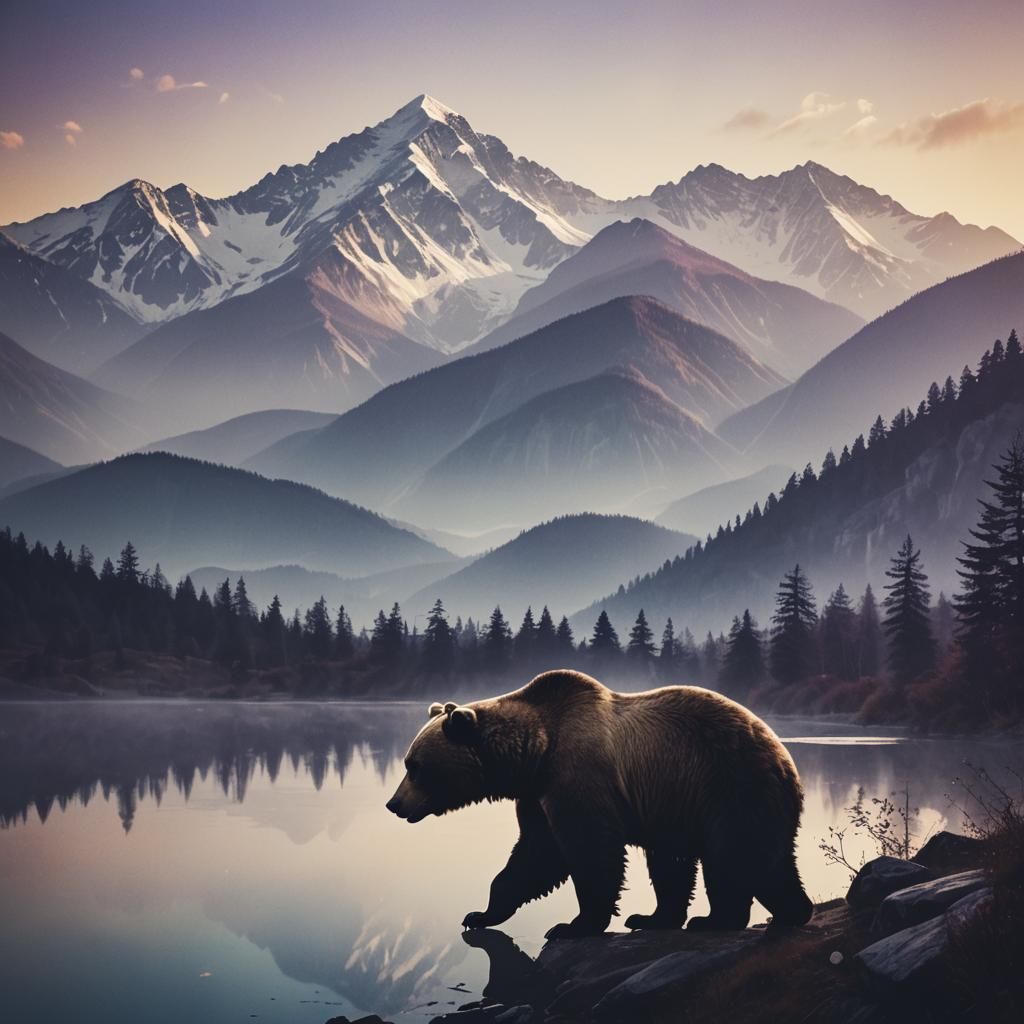 Bear Silhouette Double Exposure in Misty Mountains