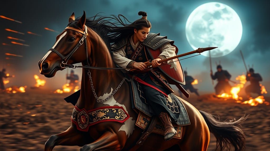 Cinematic Samurai Warrior on Horseback Under Full Moon
