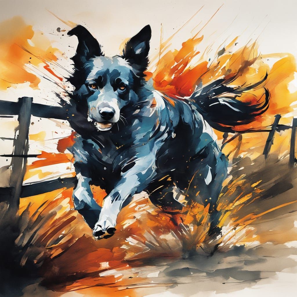 Farm Dog Races Autumn Wind in Ink Sketch Style