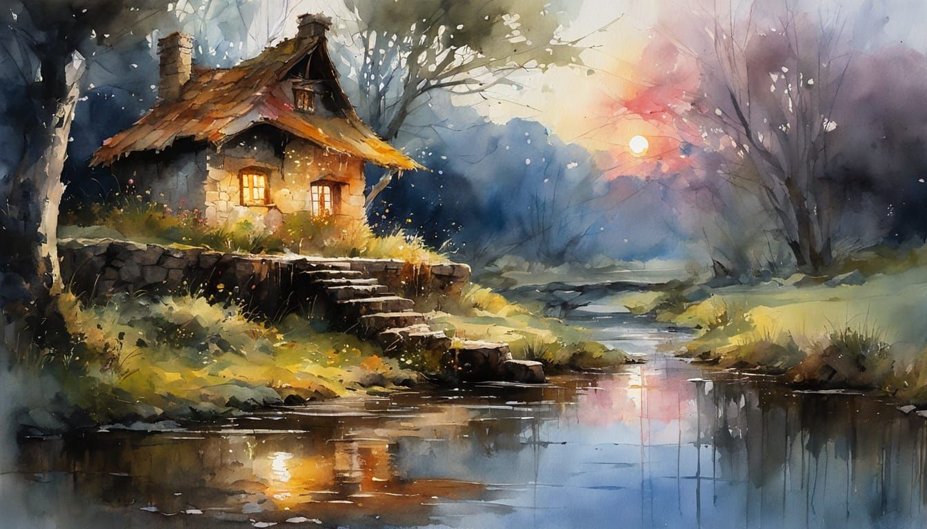 Whimsical Watercolor Fairy House Amidst Sunset Glows