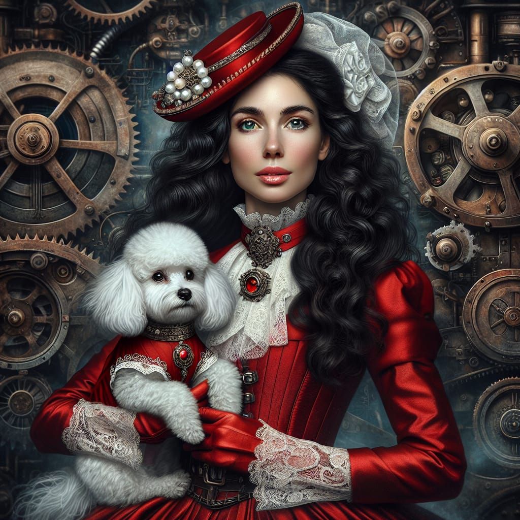 Steampunk Woman Portrait with Dog in Vivid Colors