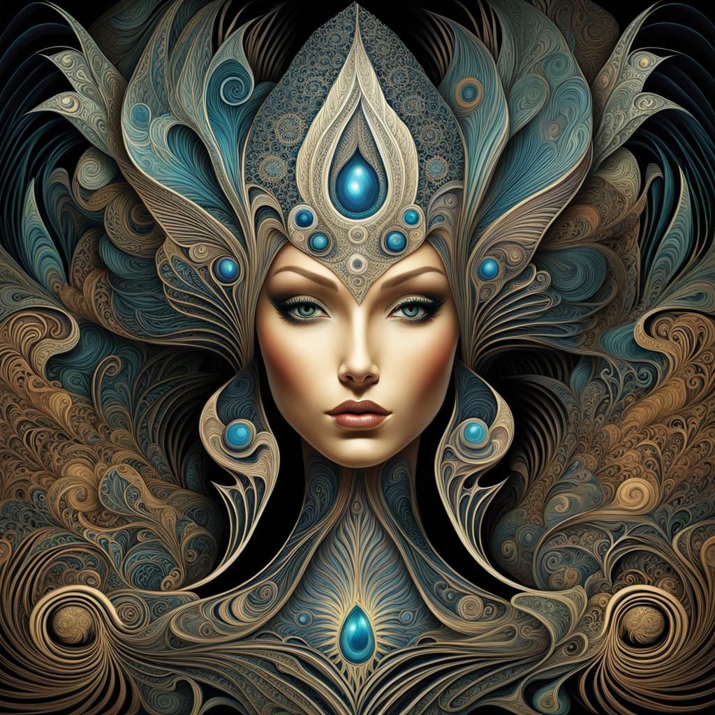 Whimsical Sorceress in Abstract Fractal Forest