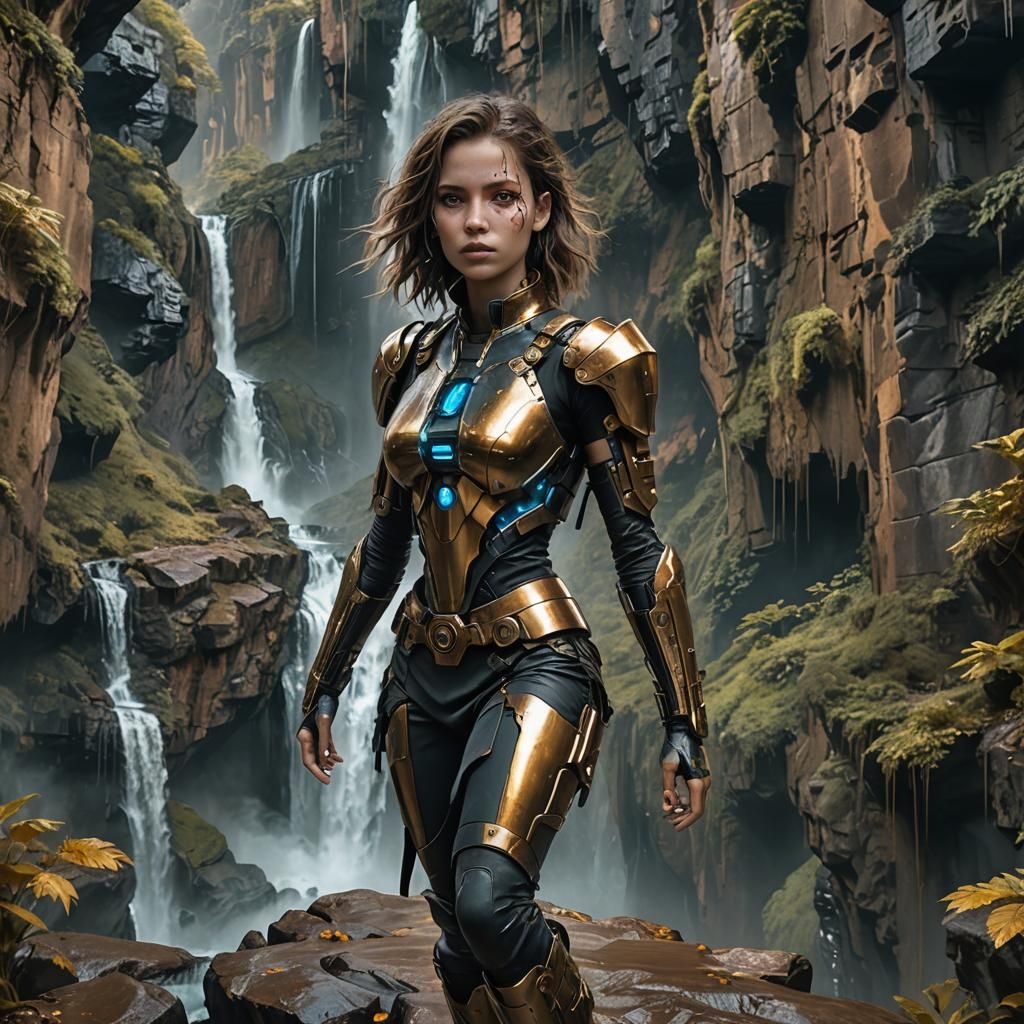 Cyberpunk Woman on Waterfall with Glowing Eyes