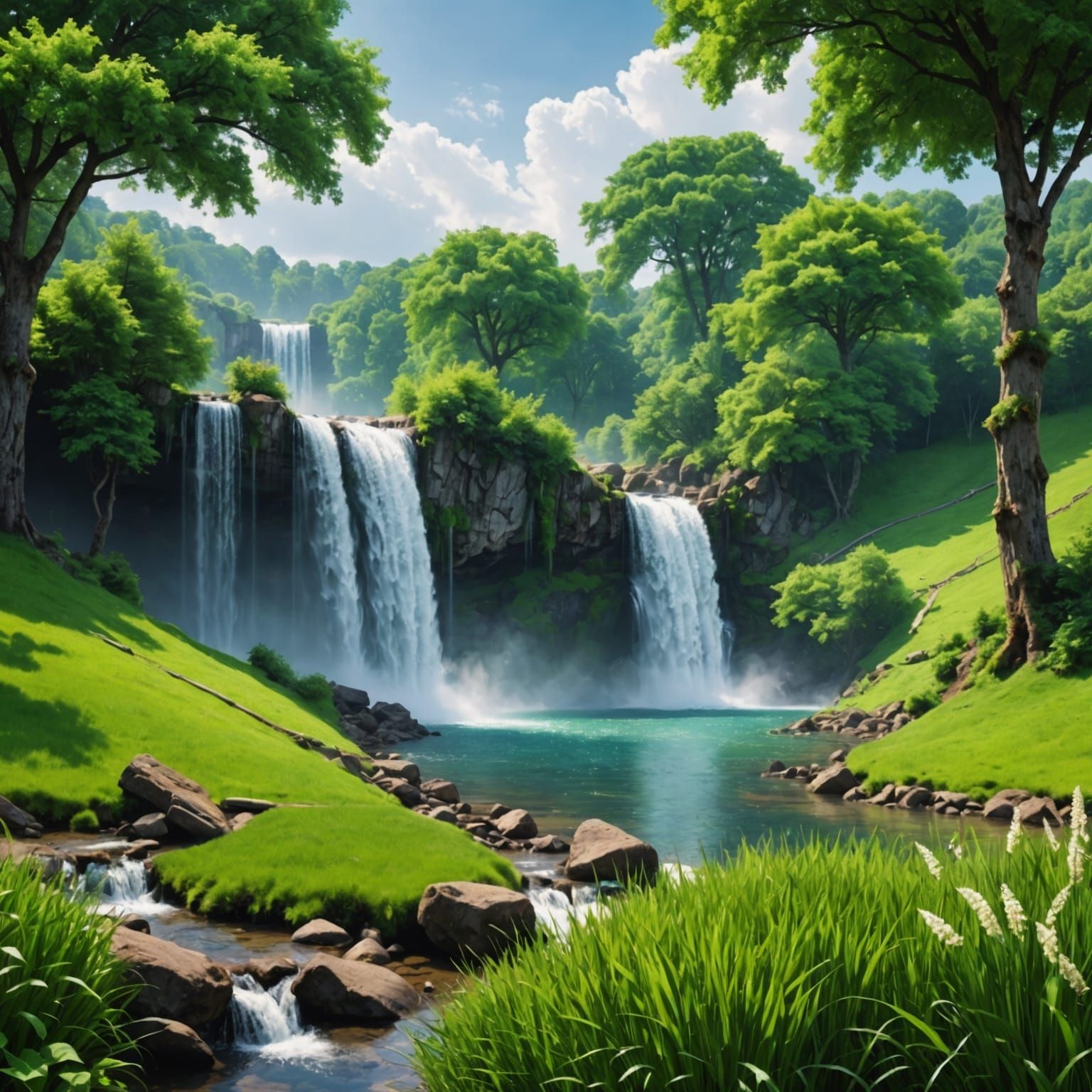 Dreamscape: Waterfall, Trees, and Grass