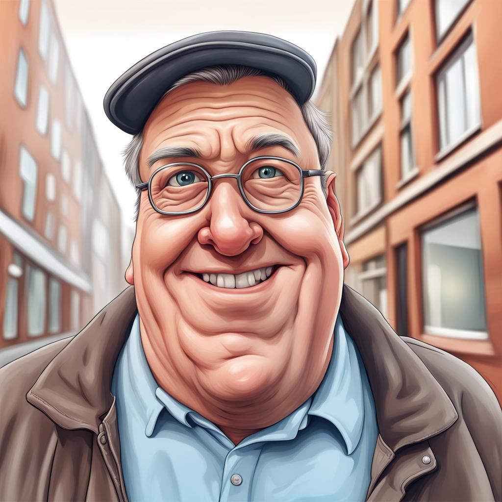 Hyperrealistic Cartoon of Seated Man