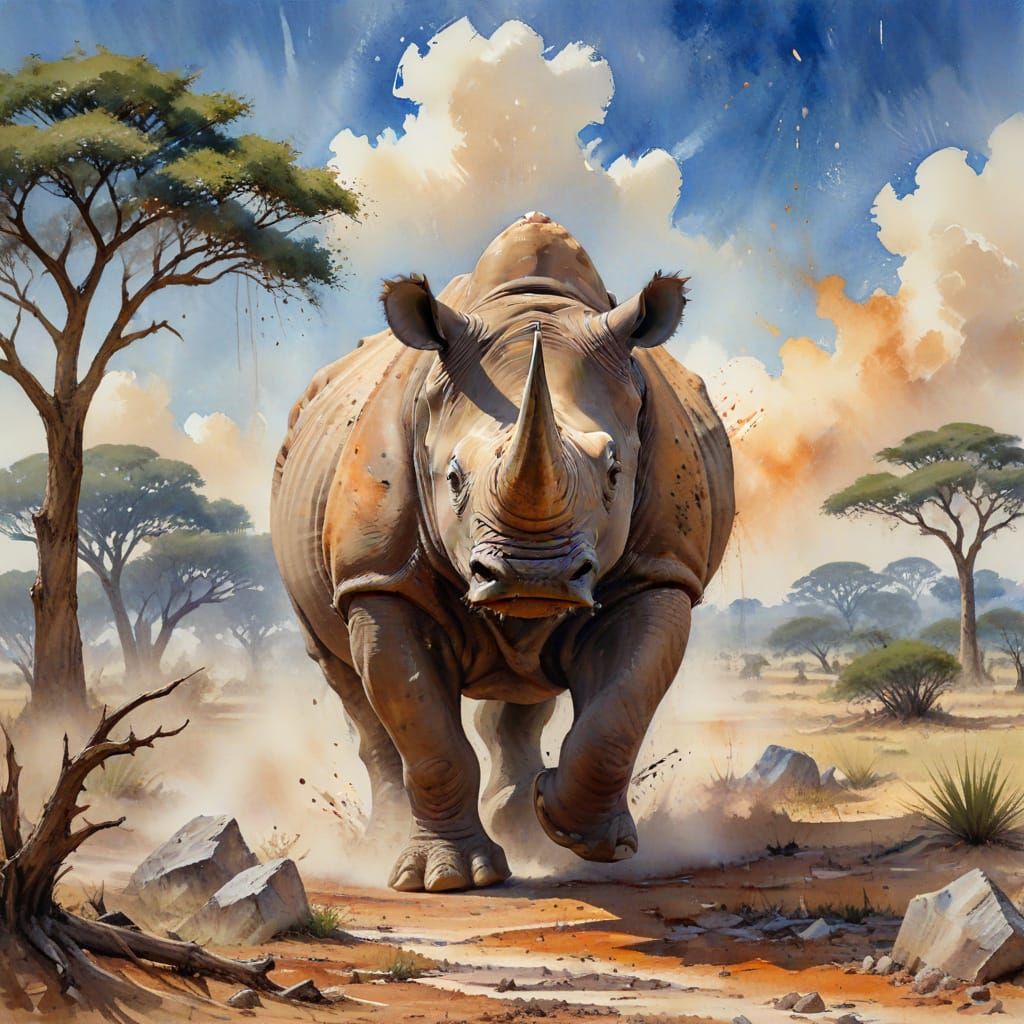 Rhino Charge: Hyperdetailed Watercolor Painting on the Savan...