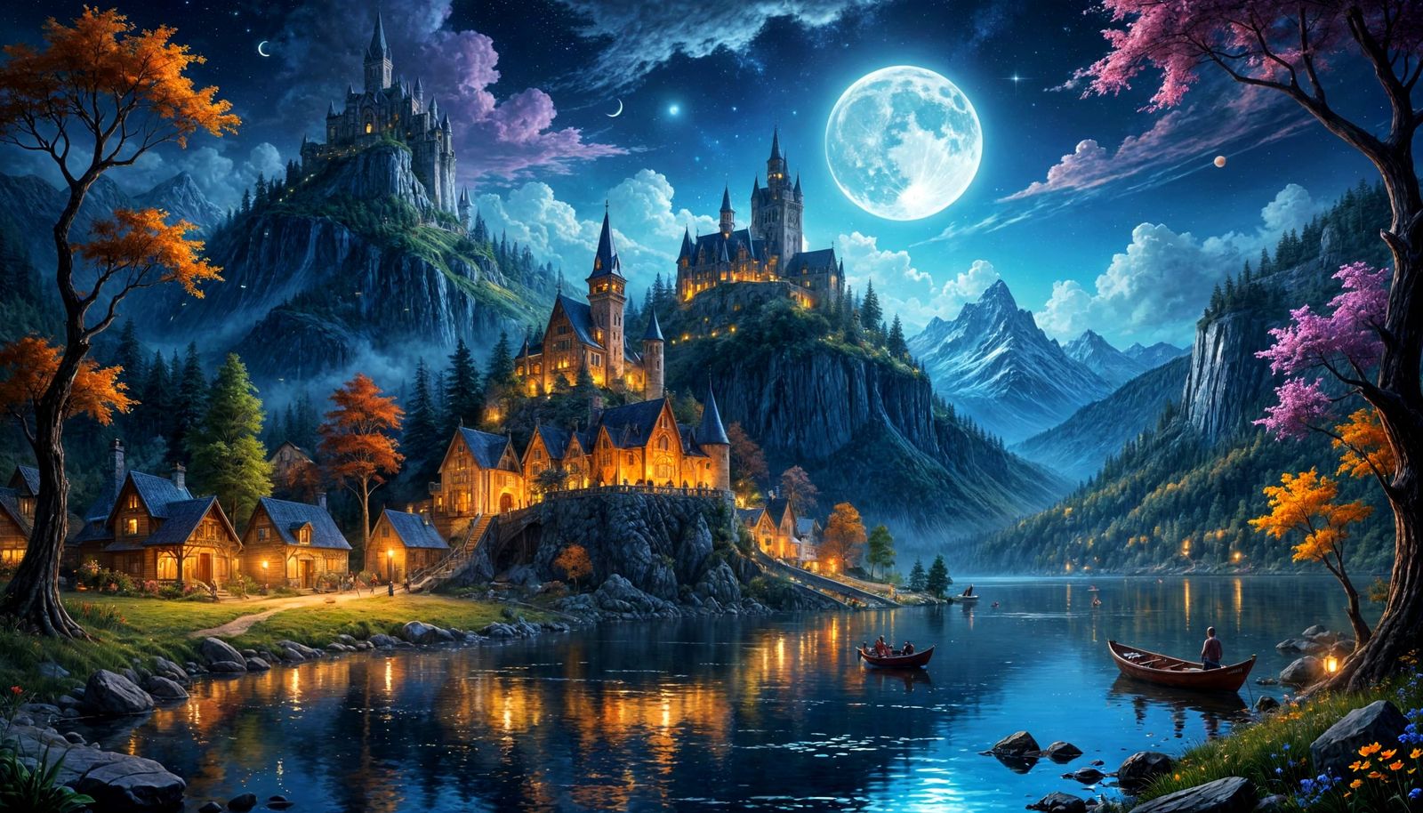 Whimsical Oil Painting Of Medieval City By Moonlit Lake