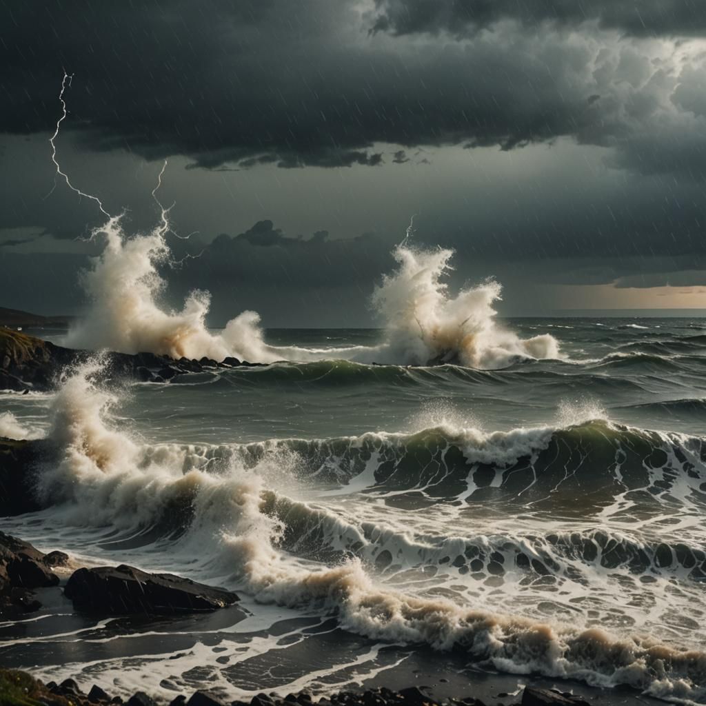 Stormy Seascape with Lightning in Cinematic Style