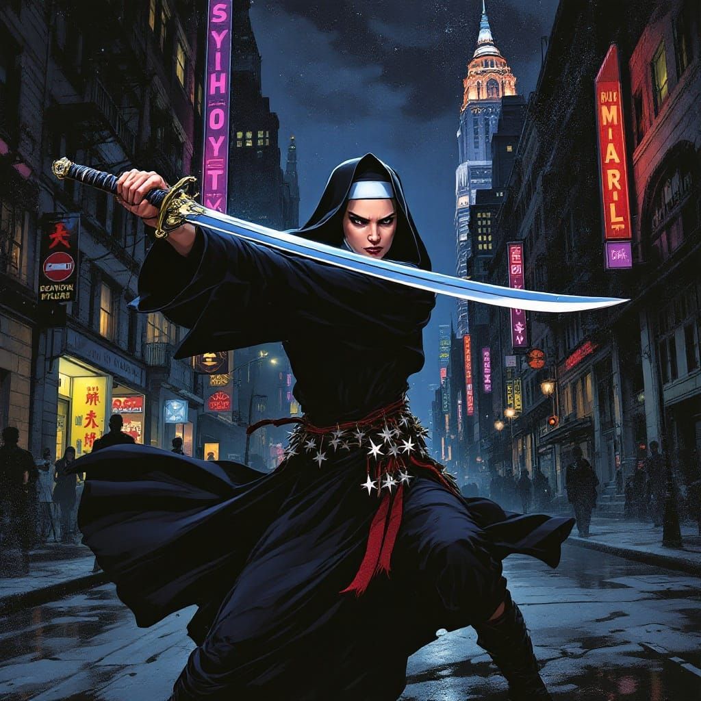 Catholic Nun Wields Samurai Sword in Neon-Lit NYC Streets