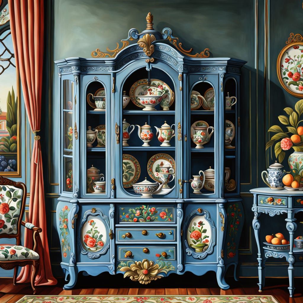 a gorgeous china cabinet, roccoco style, Catherine Nolin, Matisse Painting, Acrylic, Oil style. Interior, detailed, intr...