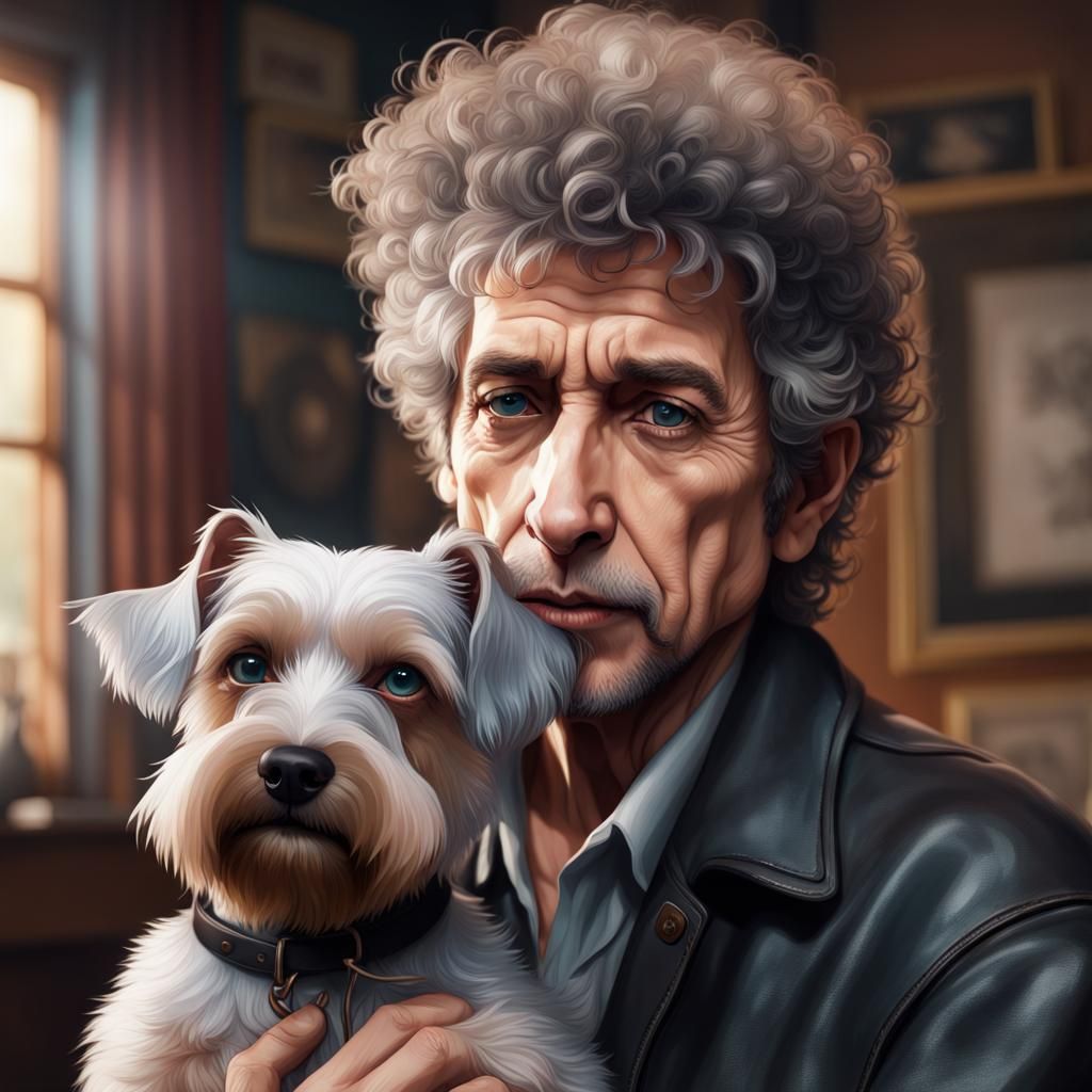 Bob Dylan Portrait with Miniature Schnauzer, Hyperrealistic