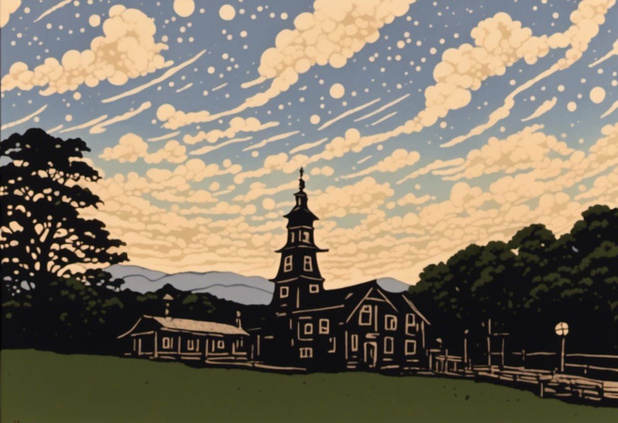 <lora:Camp Billings:1.0> <lora:Constellations:1.0> japanese clouds over the clocktower. woodcut, linocut