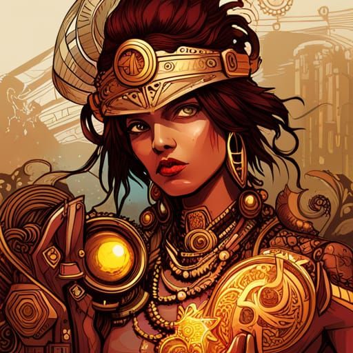 Cybernetic Steampunk Aztec Warrior Digital Painting