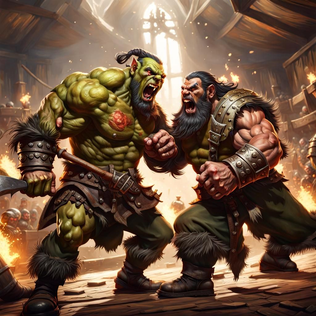 Orc vs Dwarf Tavern Brawl in Fine Art Style