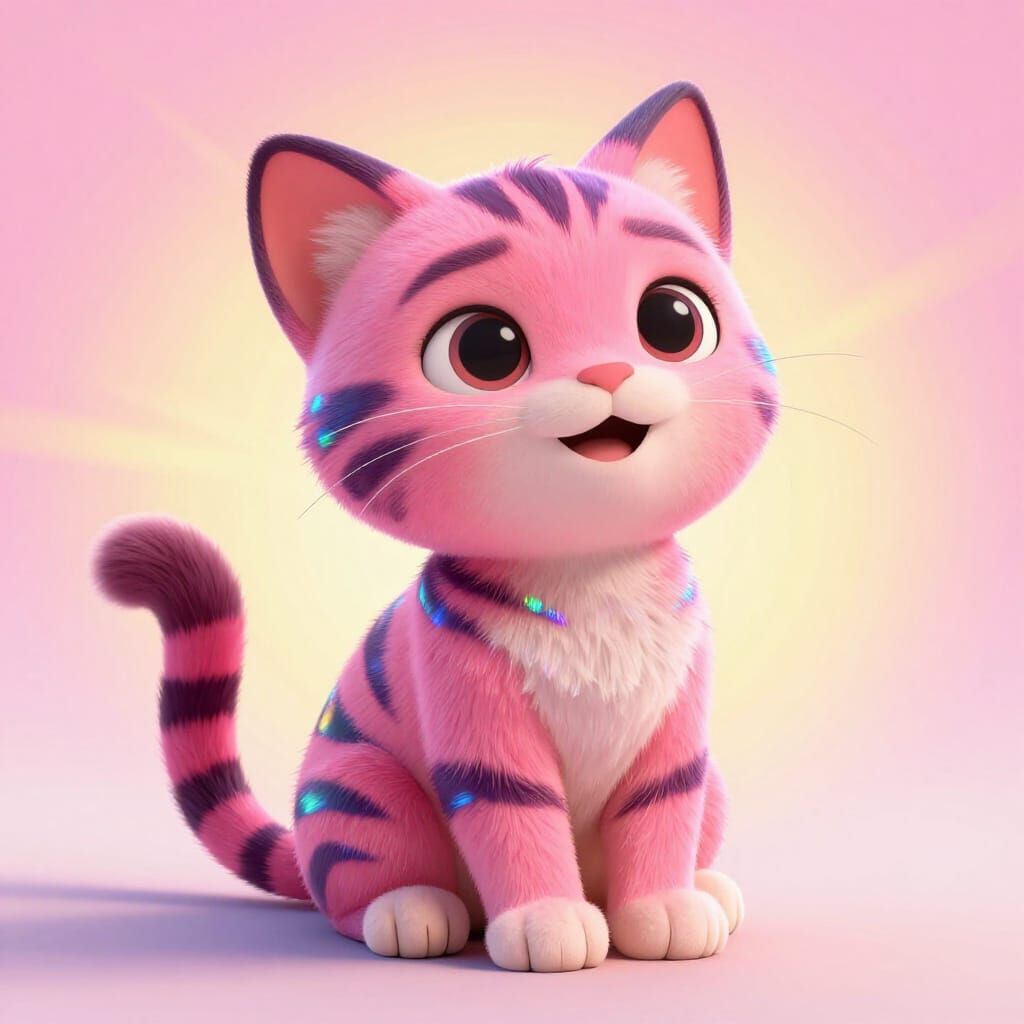 Pink Cat with Rainbow Tiger Stripes in Pixar Style
