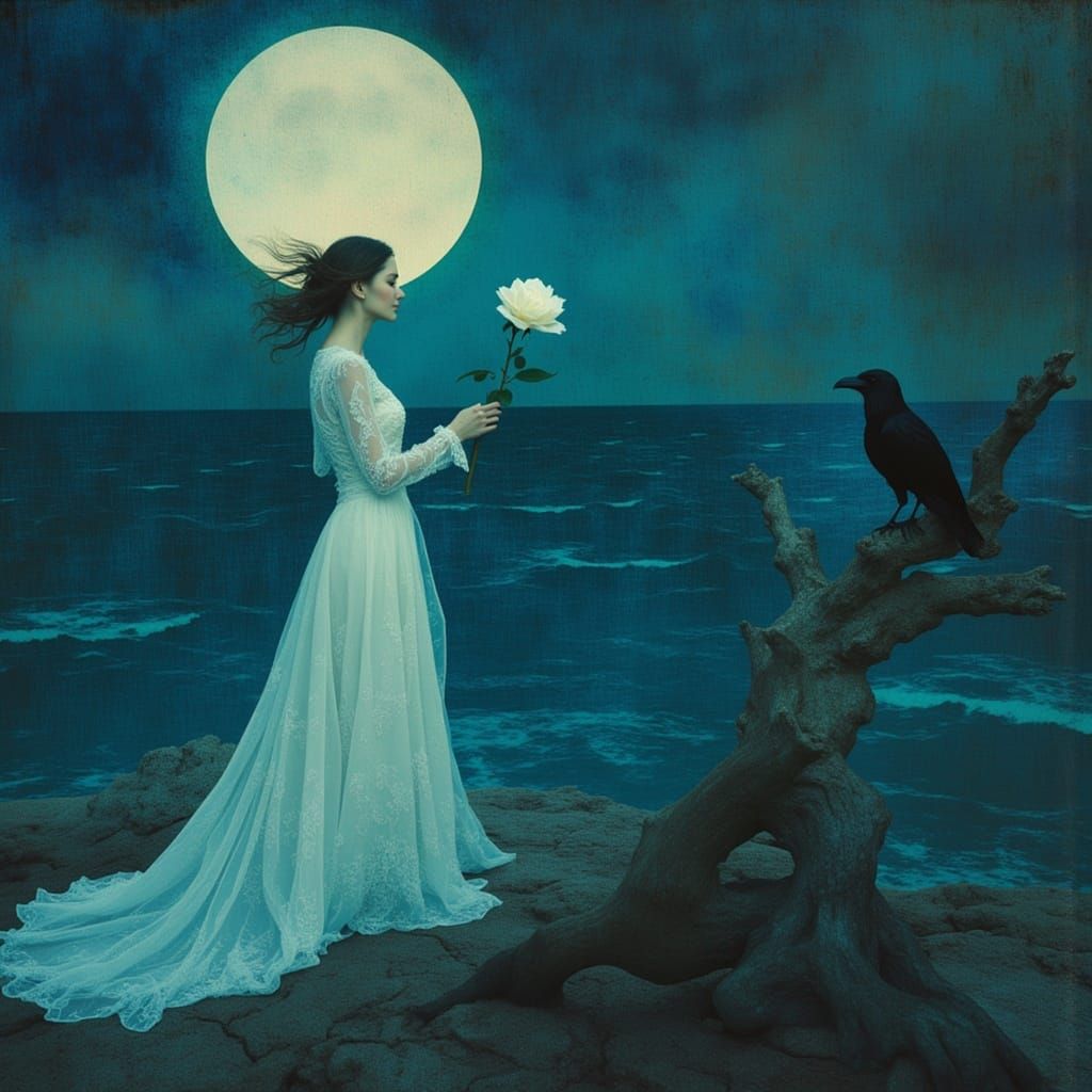 Ethereal Bride with Raven on Stormy Sea Cliff