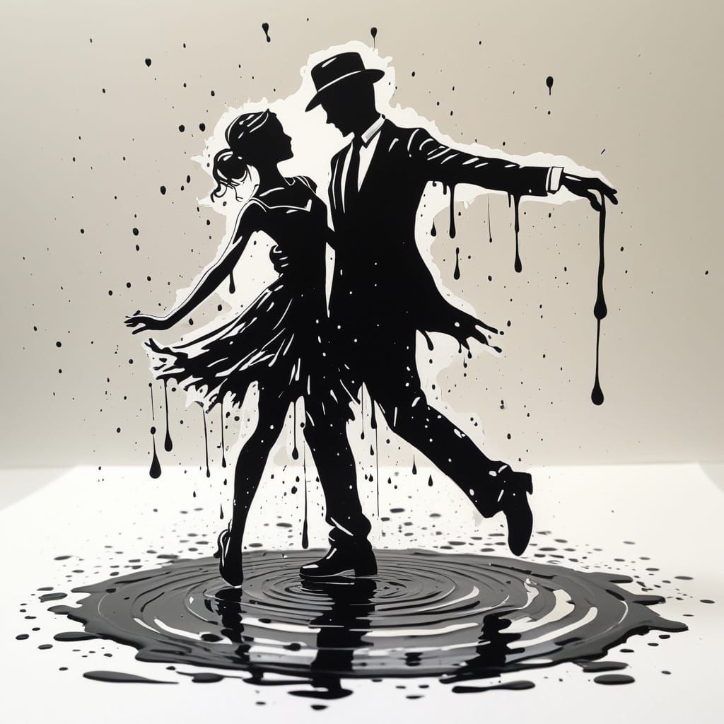 Ink Drip Painting of Dancing Couple Silhouette
