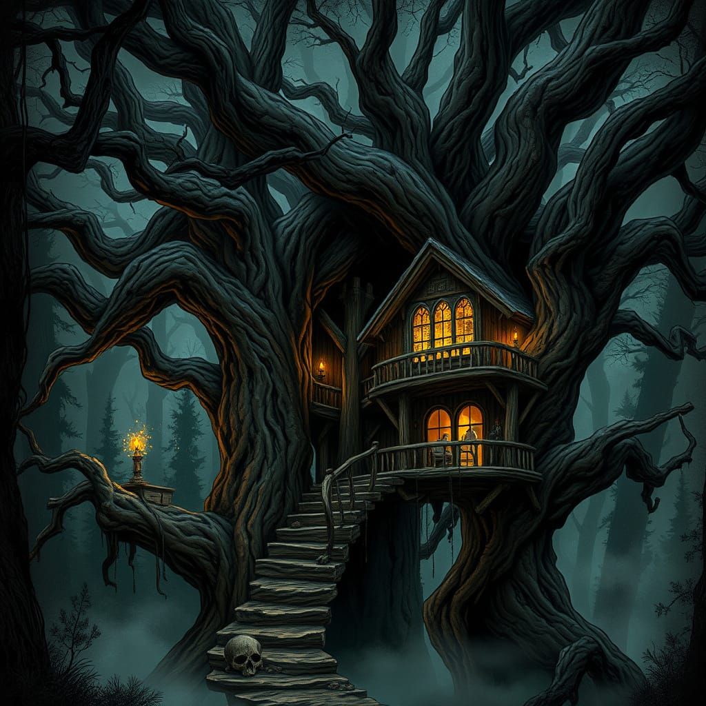 Dark Fantasy Treehouse in Ancient Gnarled Tree
