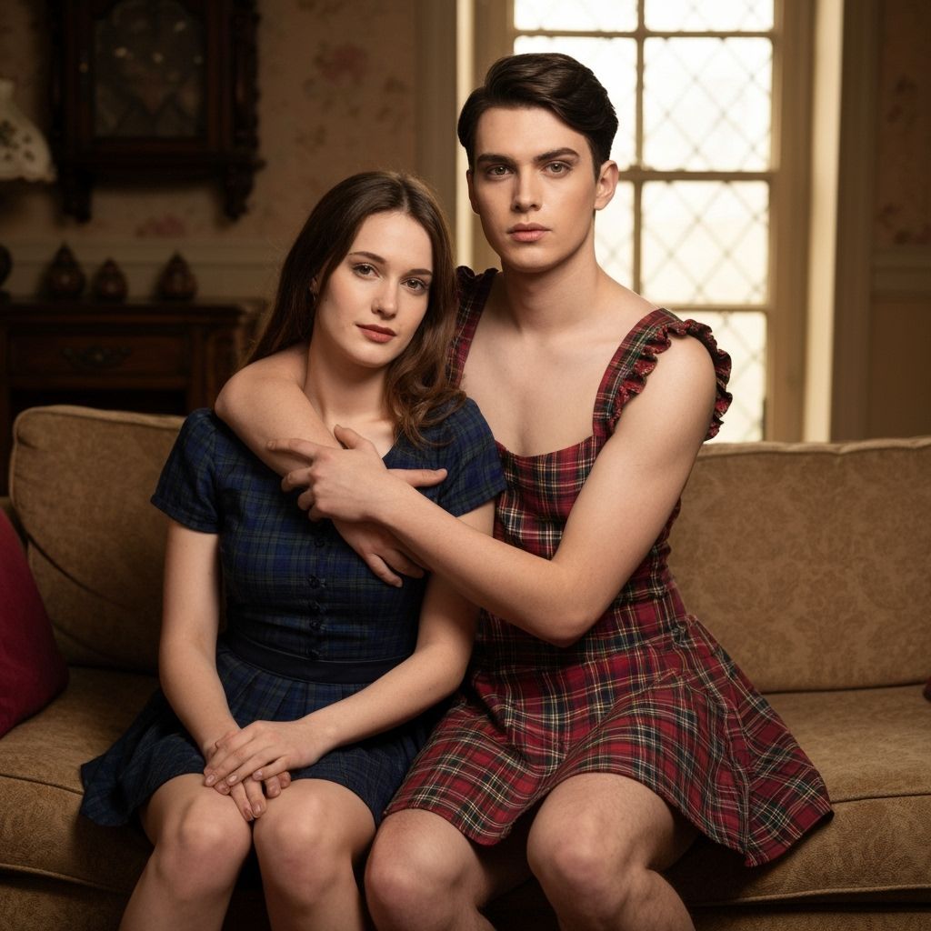 Androgynous Figure in Tartan Minidress on Sofa