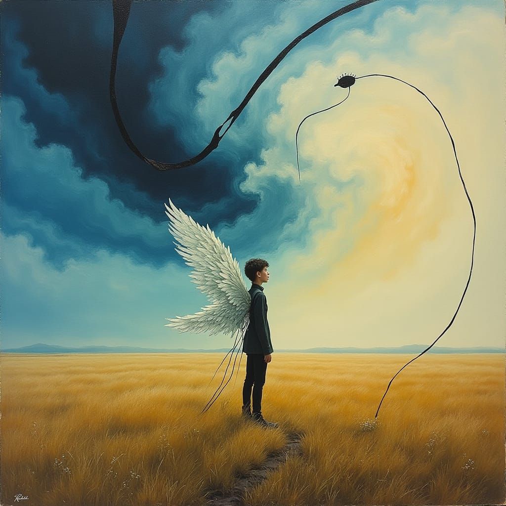 Windswept Figure with Wings in Surreal Landscape