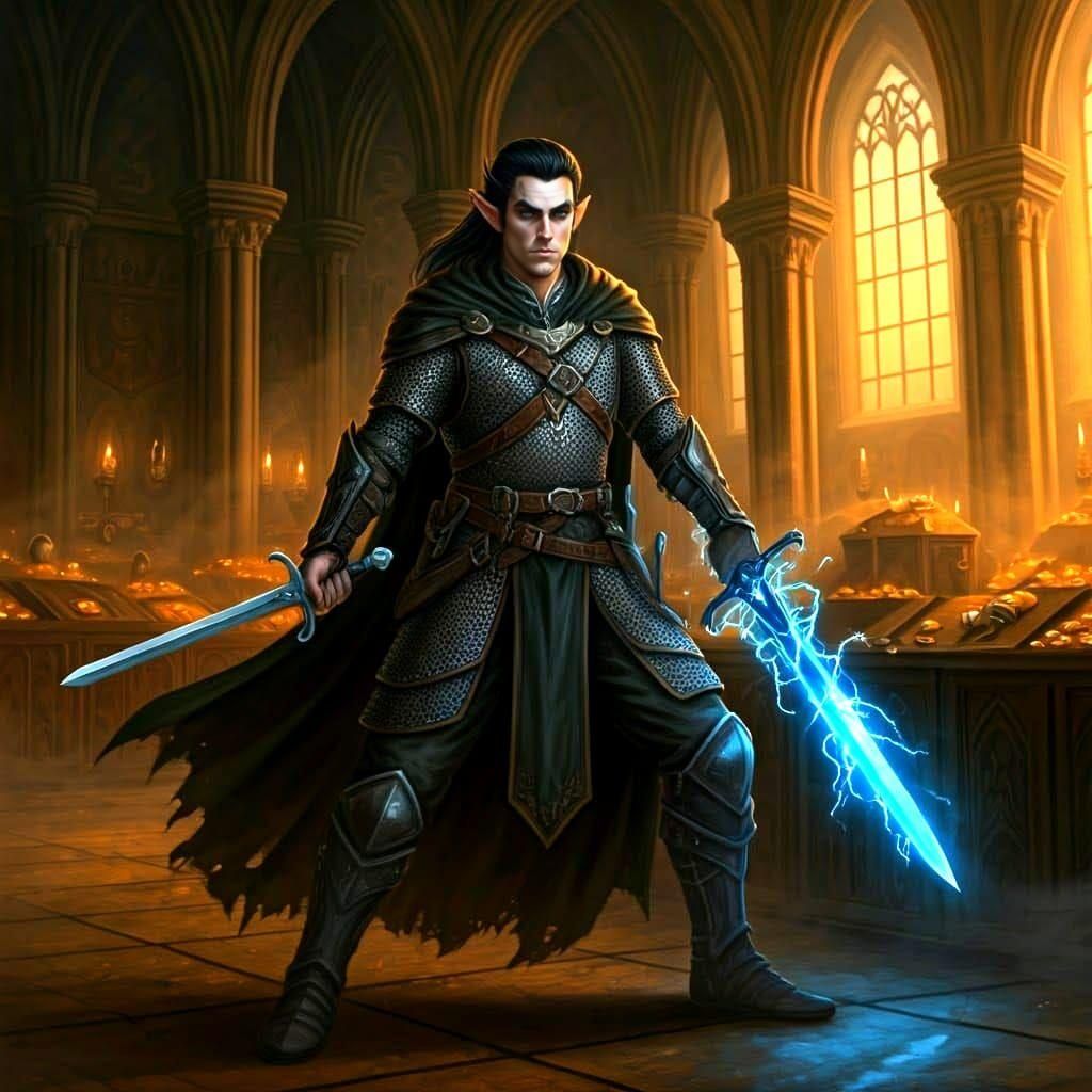 Half Elf Rogue with Lightning Sword in Great Hall