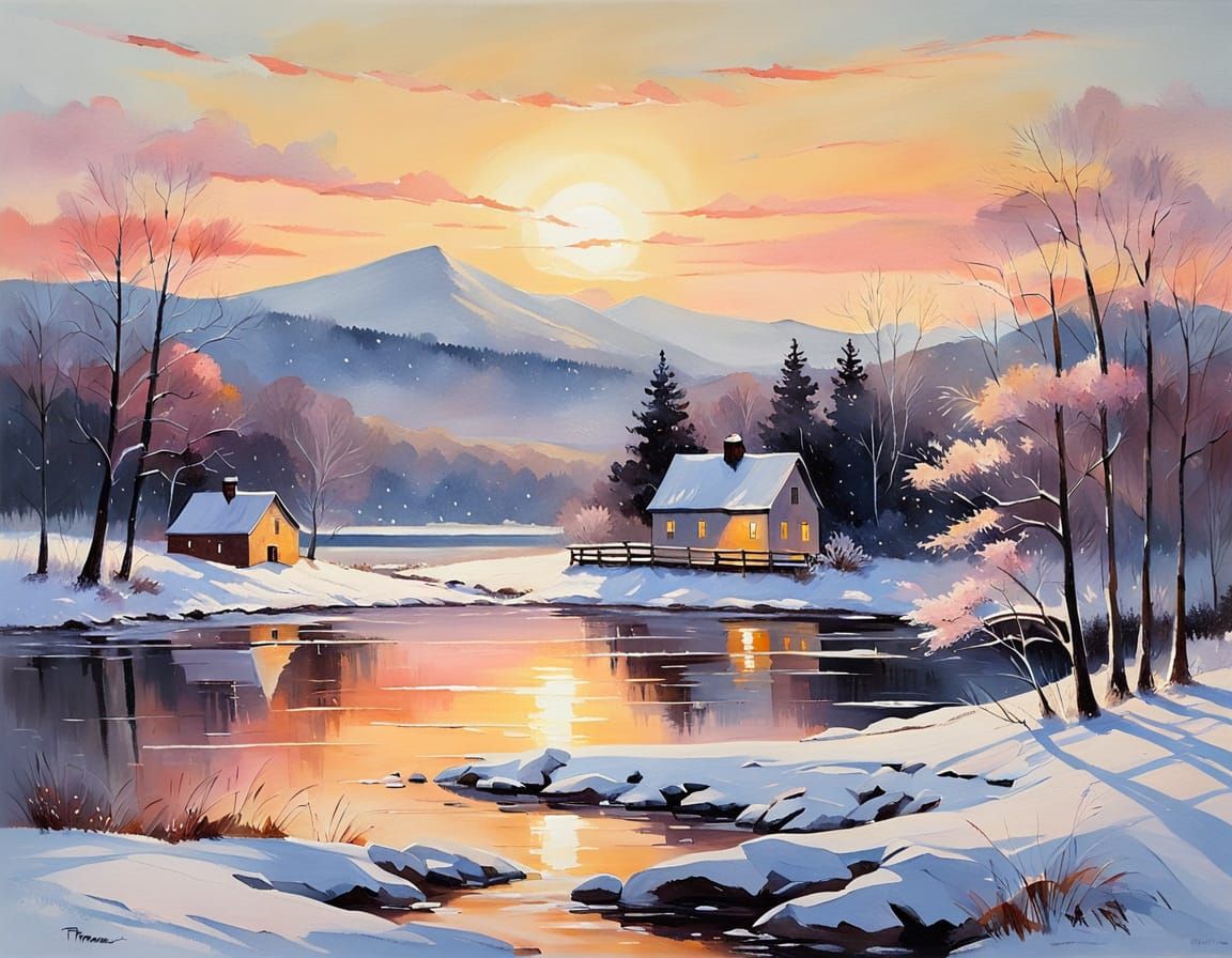 Impressionist Vermont Winterscape with Frozen Lake at Sunset