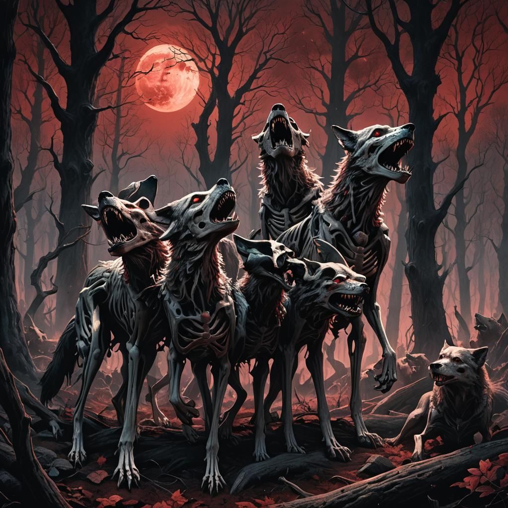 Skeleton Wolves Howling at Blood Moon: Gothic Fantasy