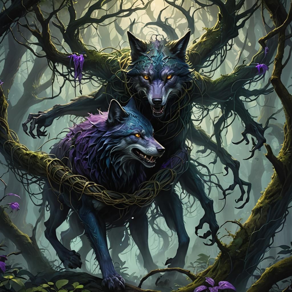 Mystical Wolves in Verdant Forest: Fantasy Concept Art